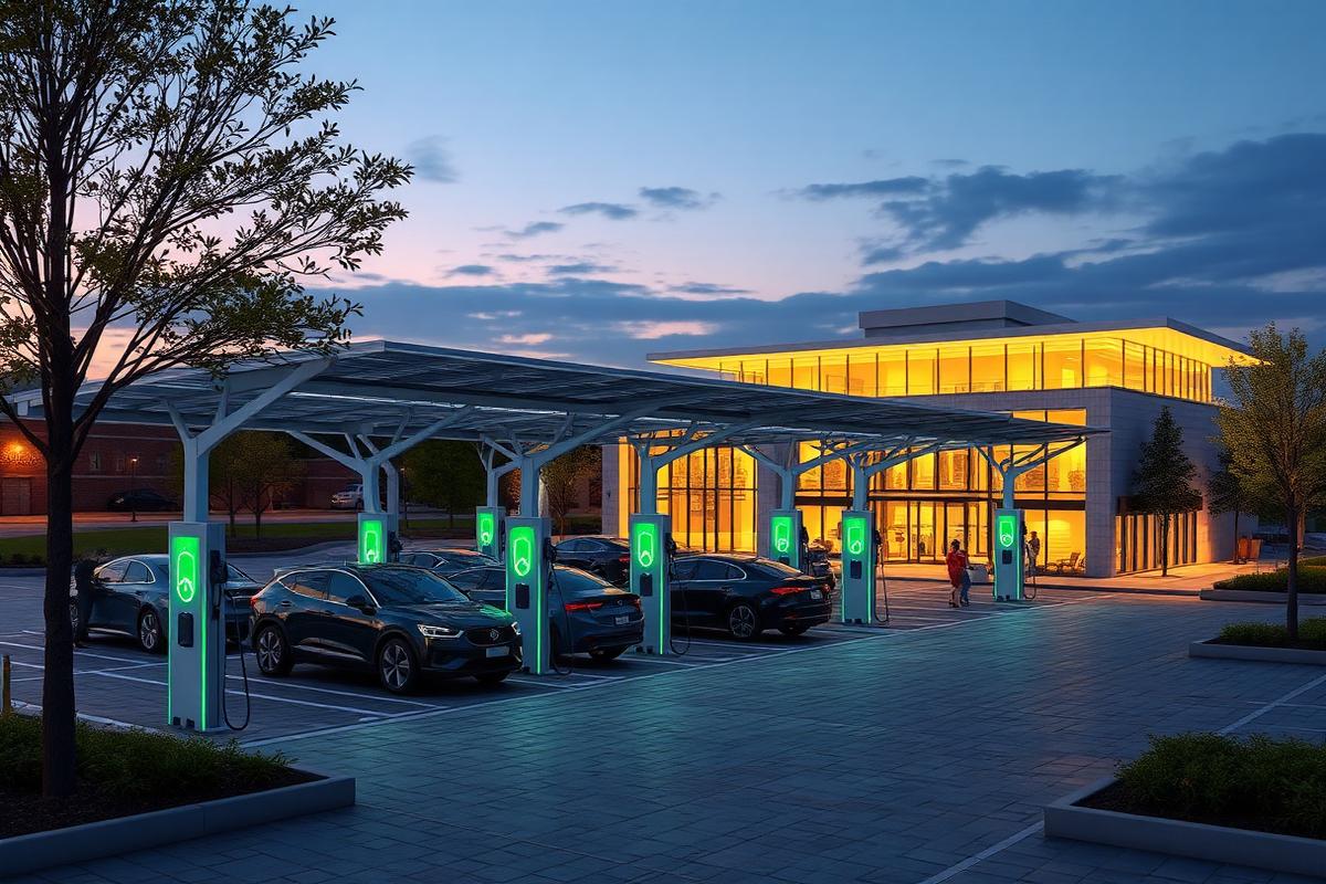 Concept rendering of an EV charging hub with solar canopies at dusk
