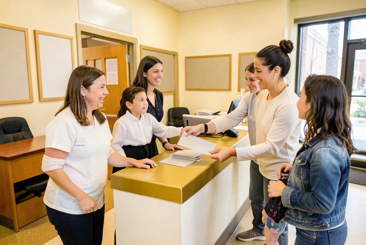 Community services staff handing resources to a family