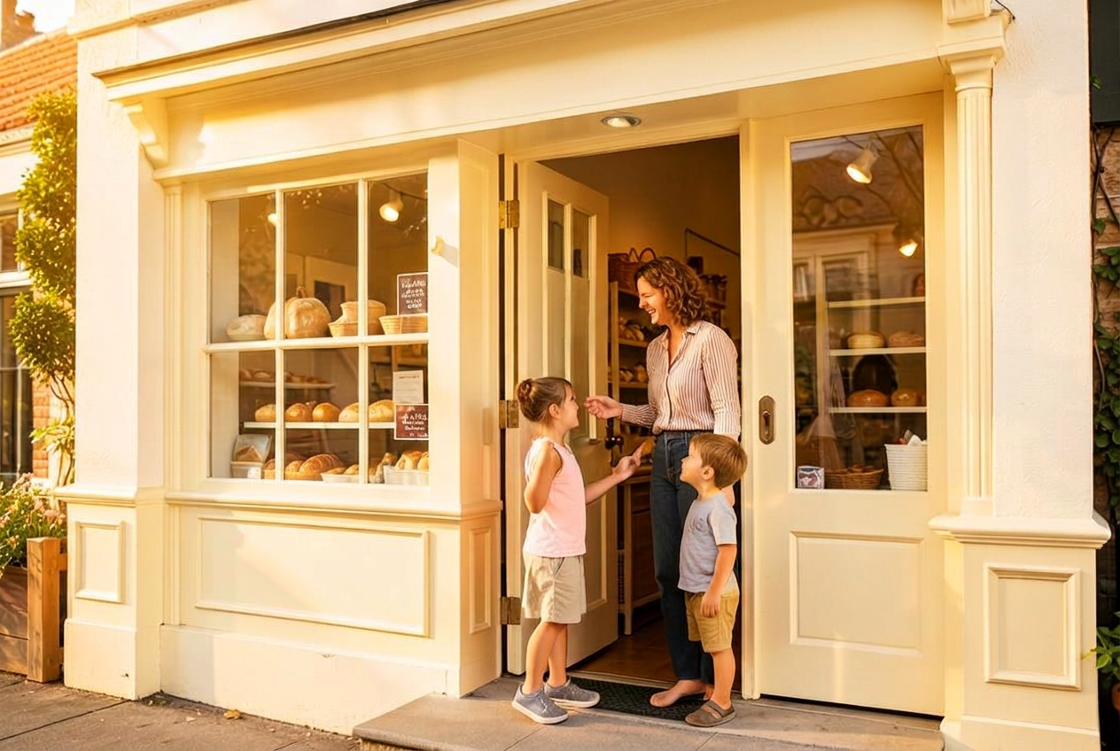 Local business owner welcoming a parent and children at the door