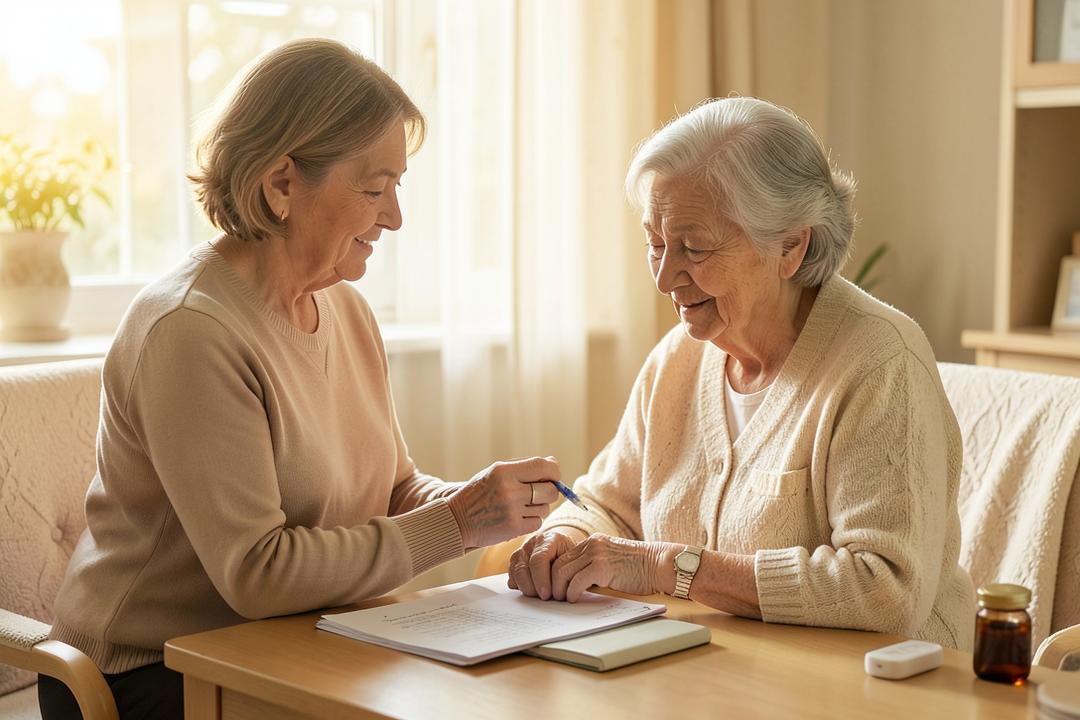 Caregiver going over a daily routine with a senior at home