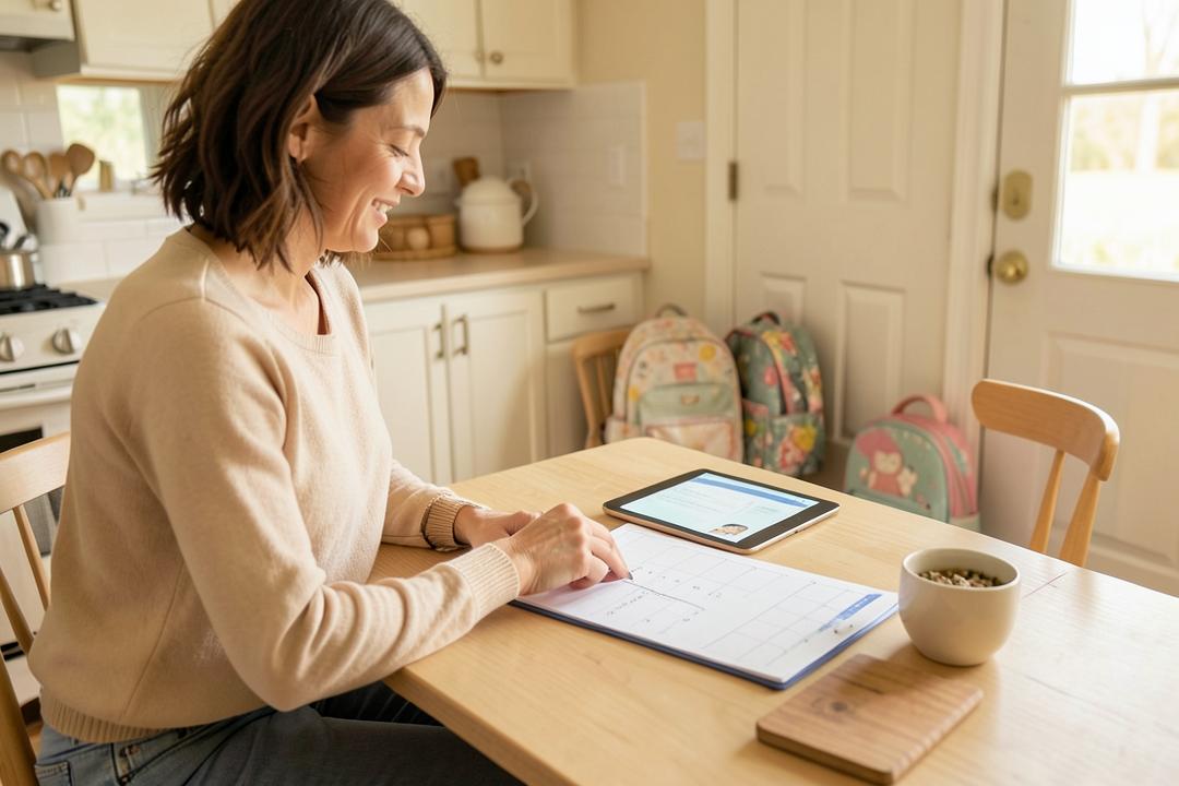 Parent organizing a family calendar at the kitchen table