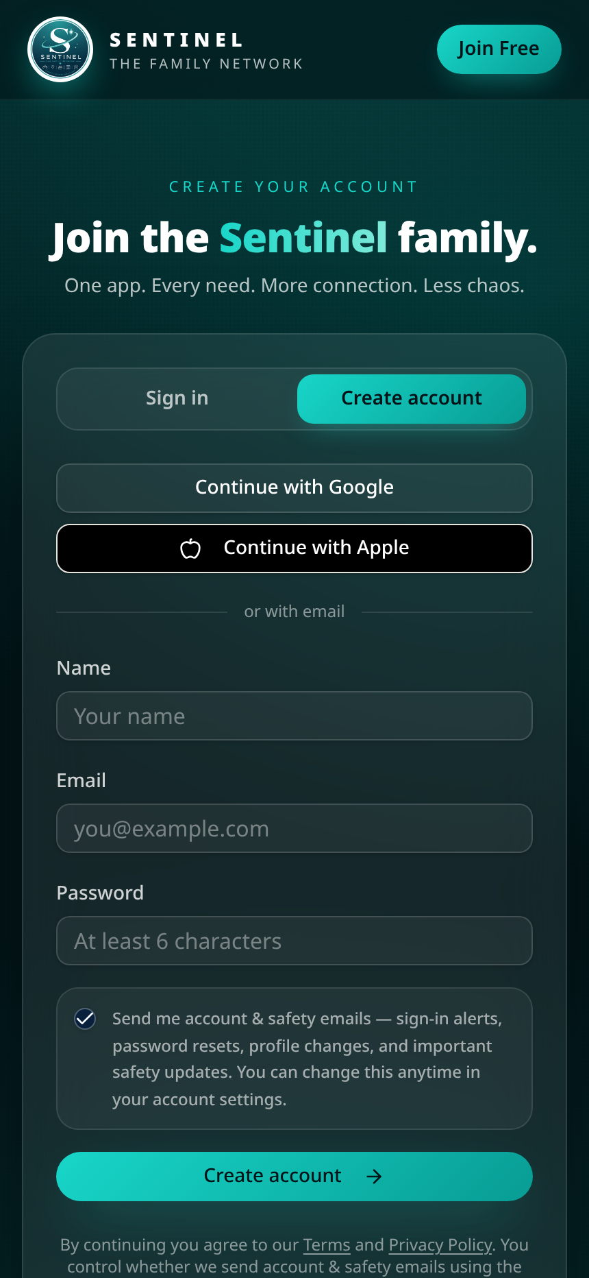 Sentinel create account screen — free sign up with Google, Apple or email