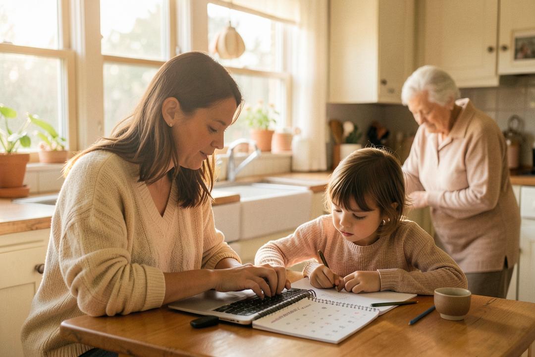 A mother planning the family's week at the kitchen table while her daughter does homework and her mother tidies the kitchen